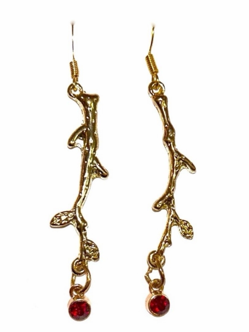 Gold Branch Drop Earrings with Red Crystal Accent